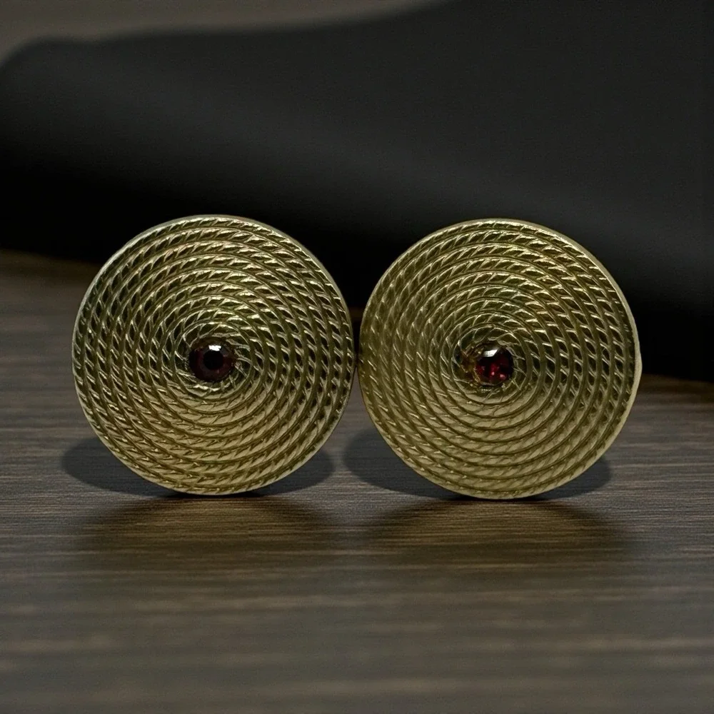 Rope Coil Swirl Cufflinks Red‎ Rhinestone Gold Tone Vintage Men's Round Formal